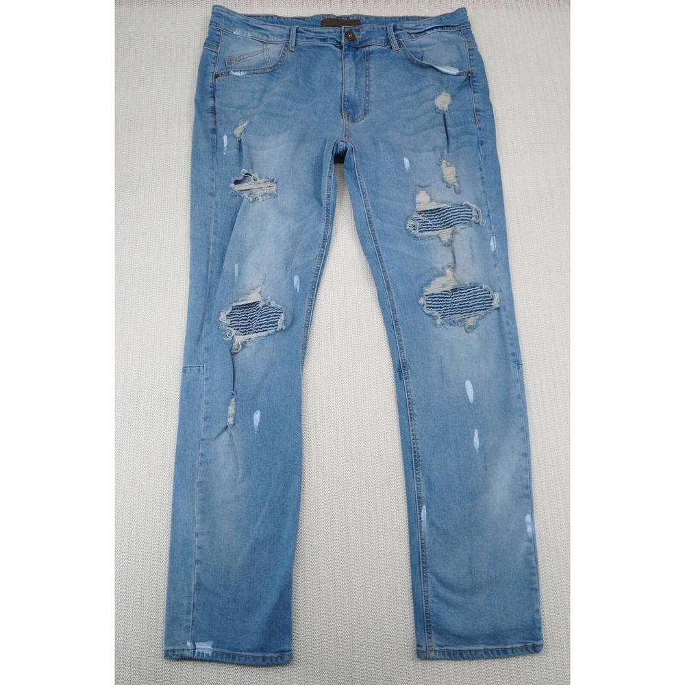 KDNK Jeans Mens 38x32 Blue Denim Straight Leg Distressed Hip Hop Streetwear